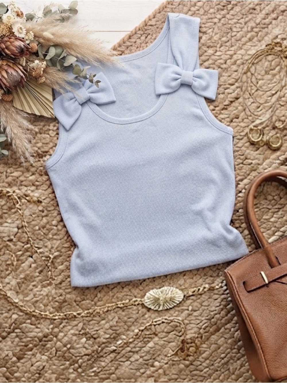 Bow Strap Sleeveless Tank Top - Light Blue